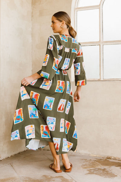 AROUND THE WORLD MIDI DRESS