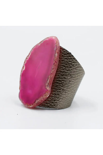 LEATHER CUFF GUNMETAL & PINK AGATE