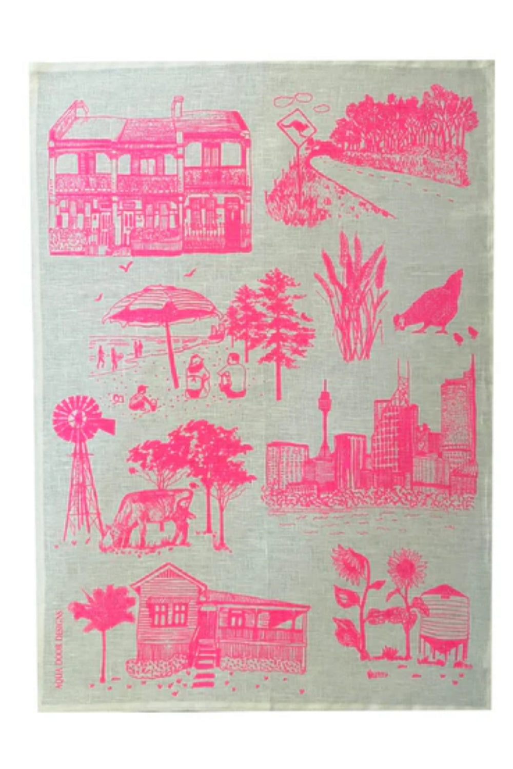 AQUA DOOR DESIGNS BUSH & THE BIG SMOKE TEA TOWEL HIGHLIGHTER PINK