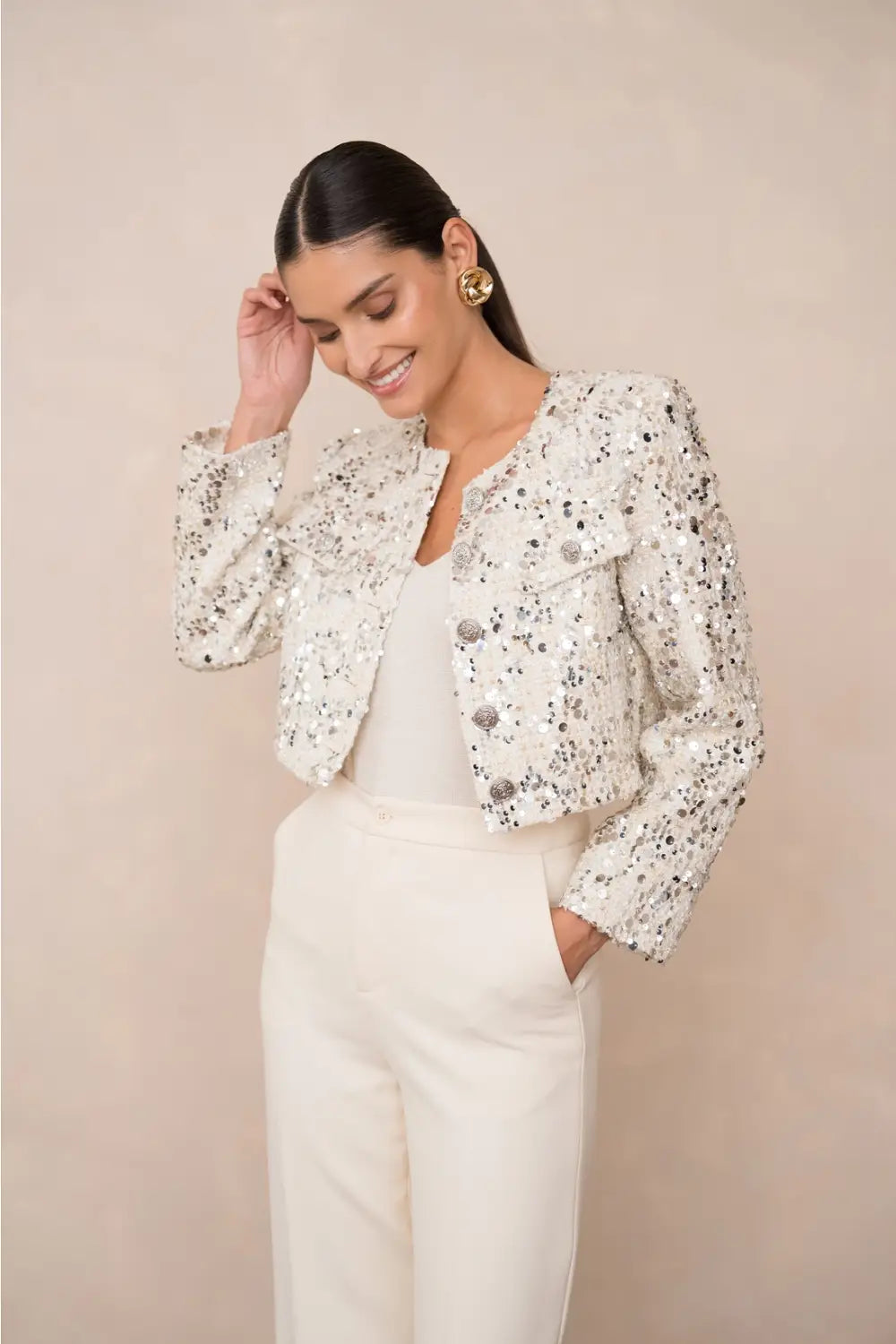 CROP TWEED & SEQUIN JACKET CREAM