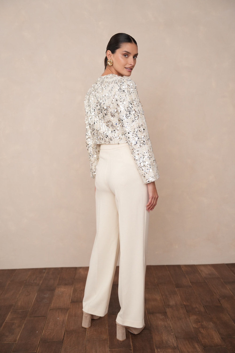 CROP TWEED & SEQUIN JACKET CREAM