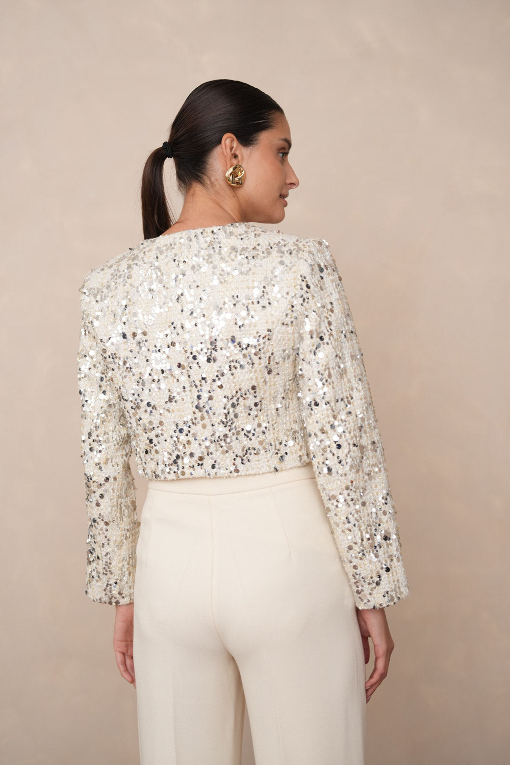 CROP TWEED & SEQUIN JACKET CREAM