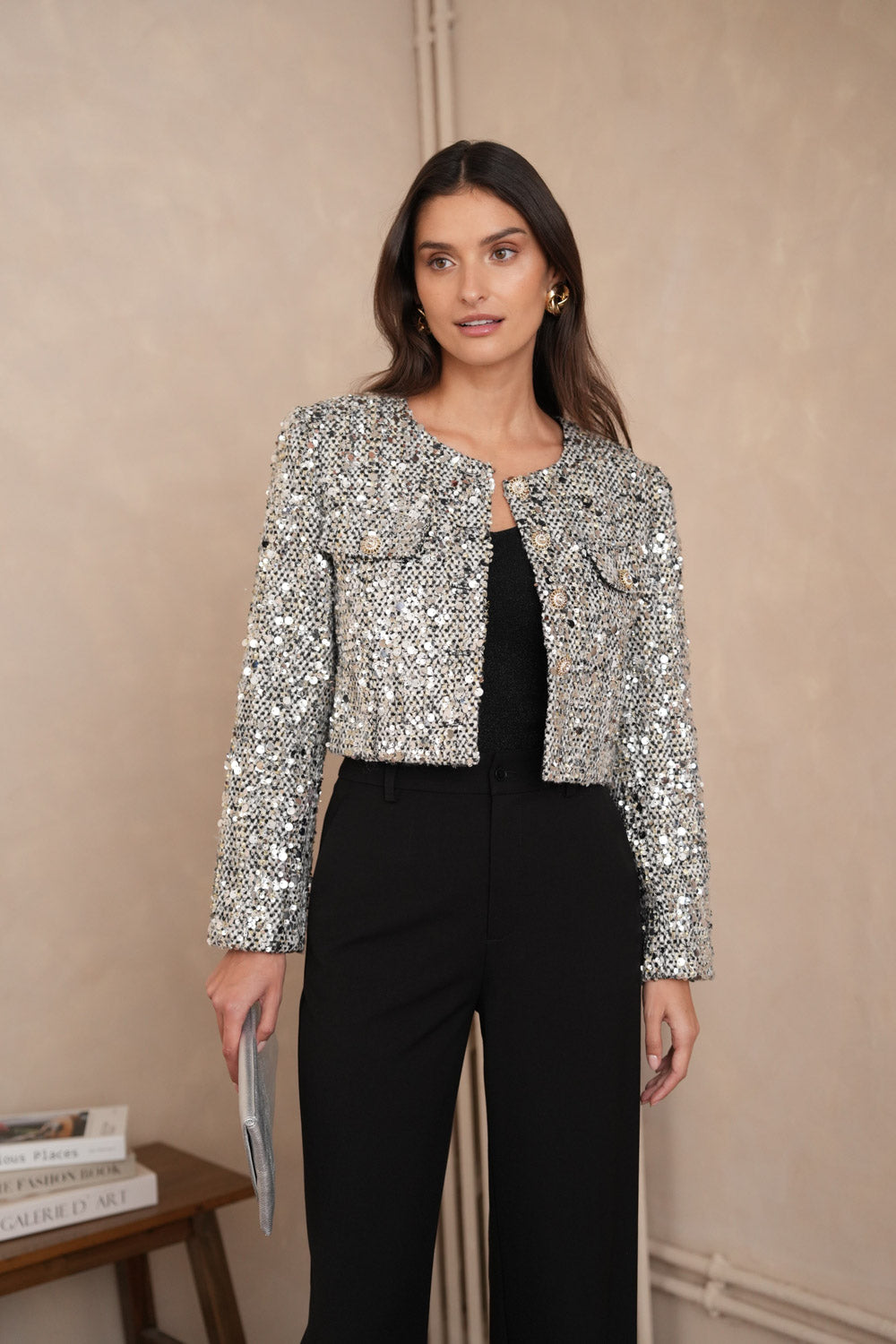 CROP TWEED & SEQUIN JACKET BLACK