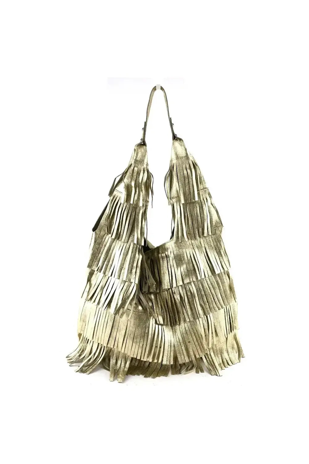 METALLIC LEATHER FRINGES TOTE BAG PLATINO