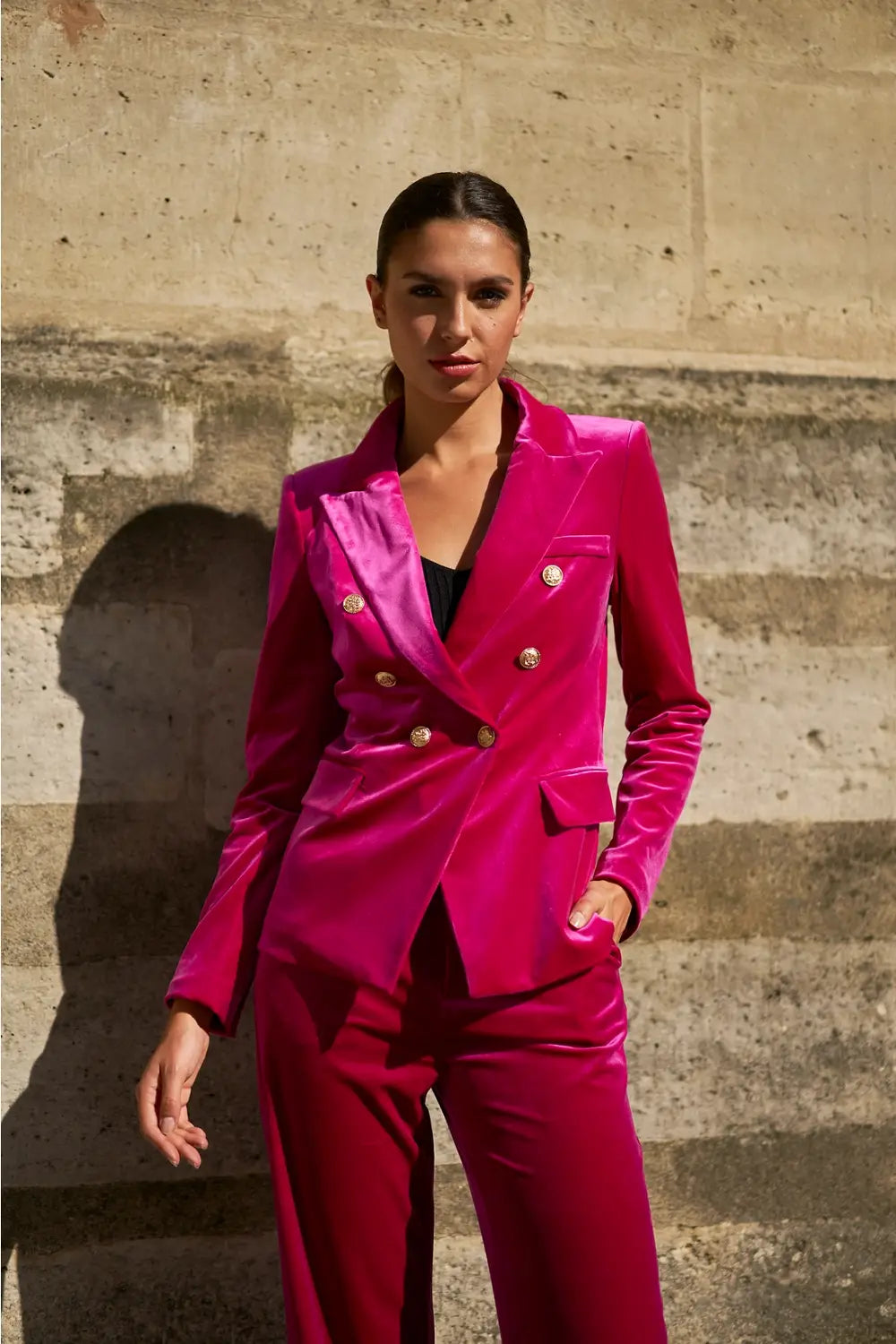 VELVET DOUBLE BREASTED BLAZER FUCHSIA