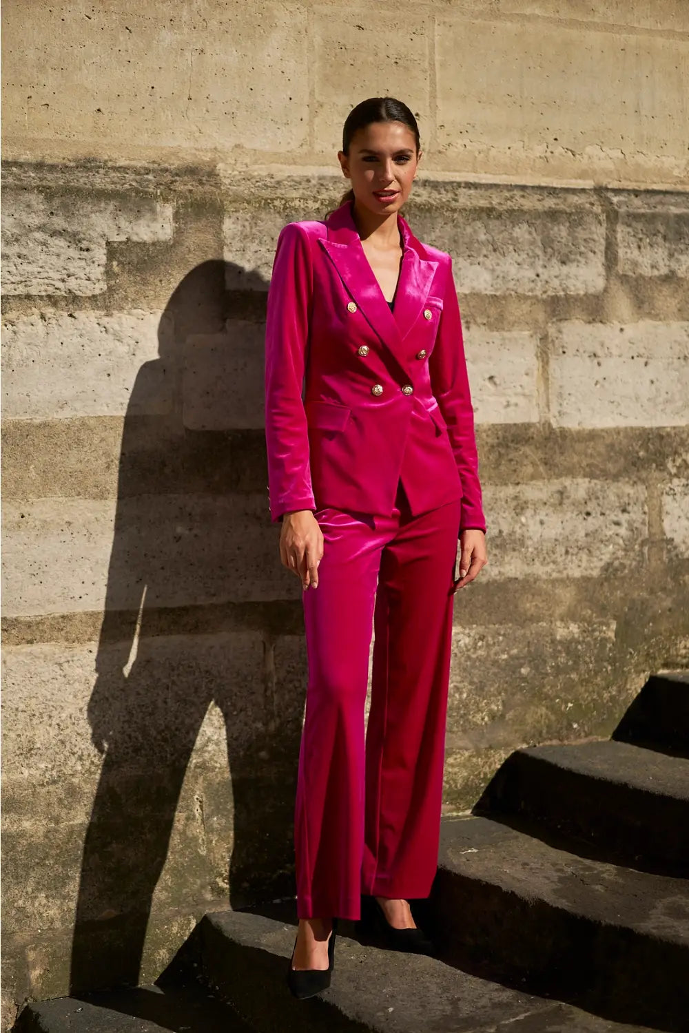 VELVET DOUBLE BREASTED BLAZER FUCHSIA