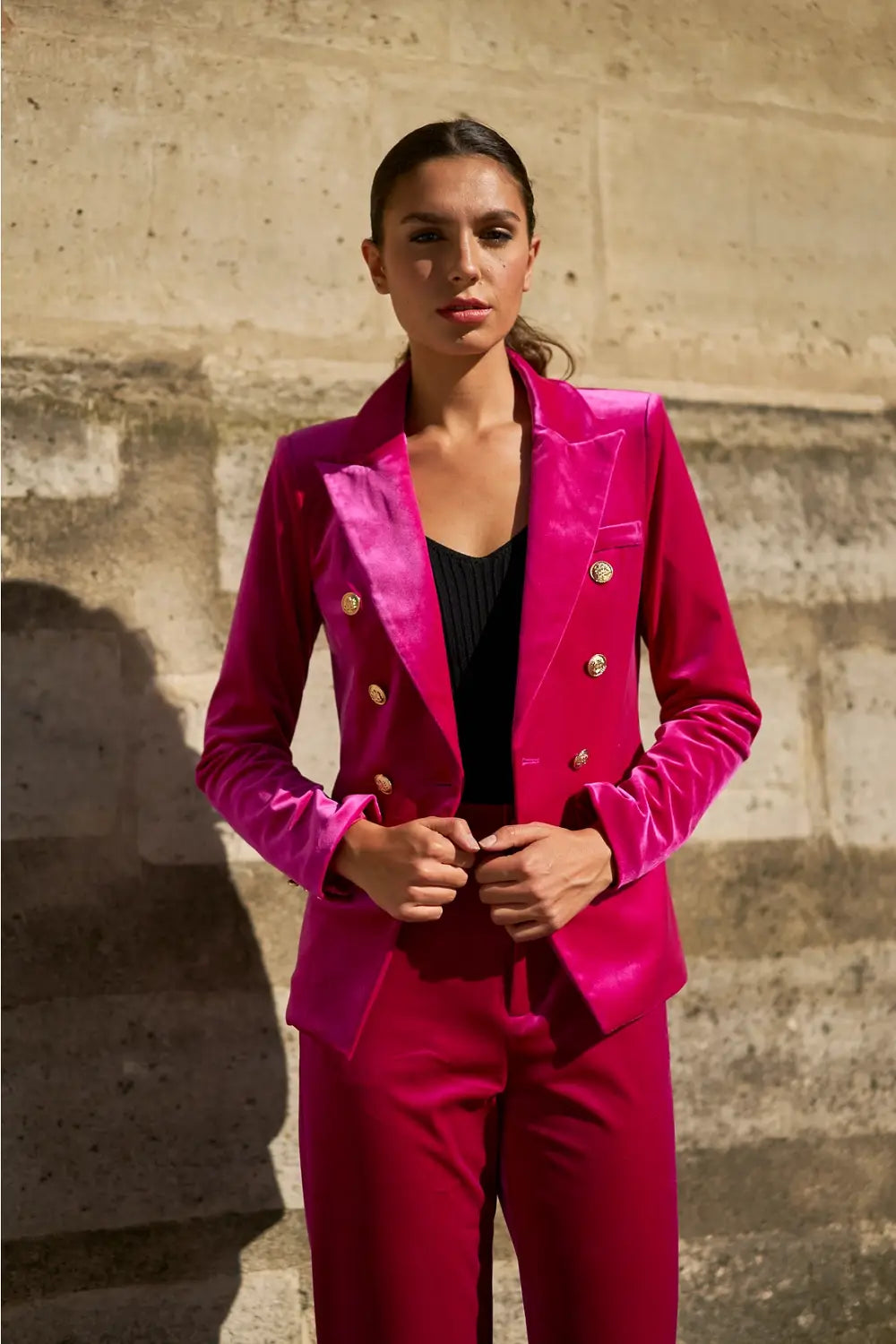 VELVET DOUBLE BREASTED BLAZER FUCHSIA