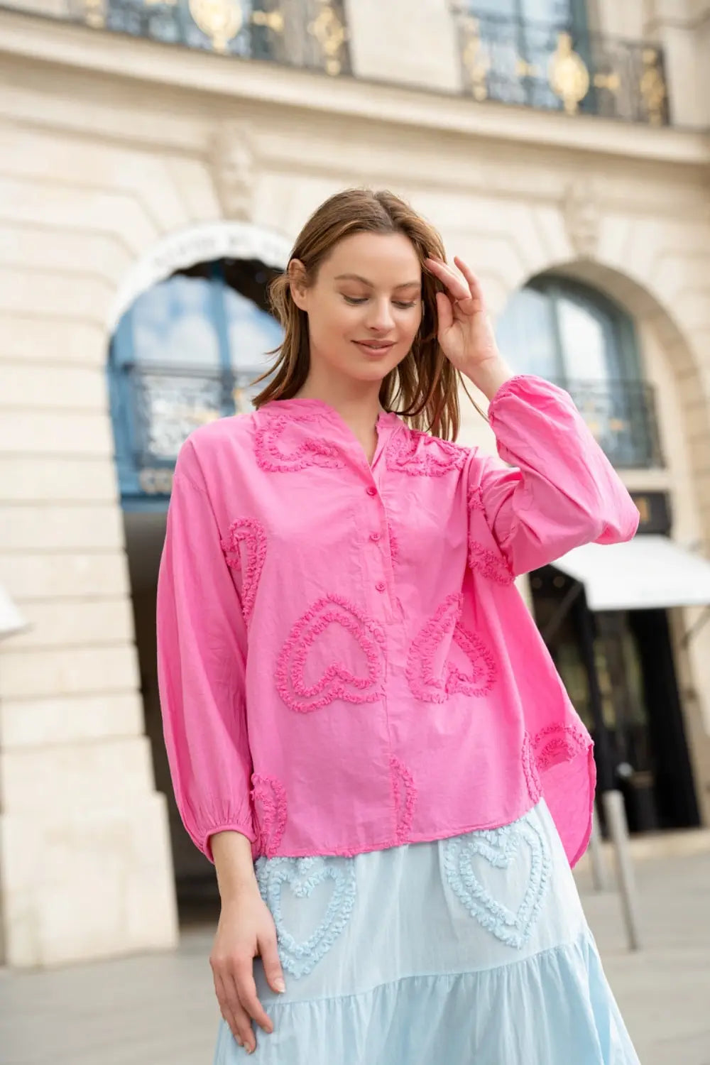 HEARTS AND RUFFLES BLOUSE PINK