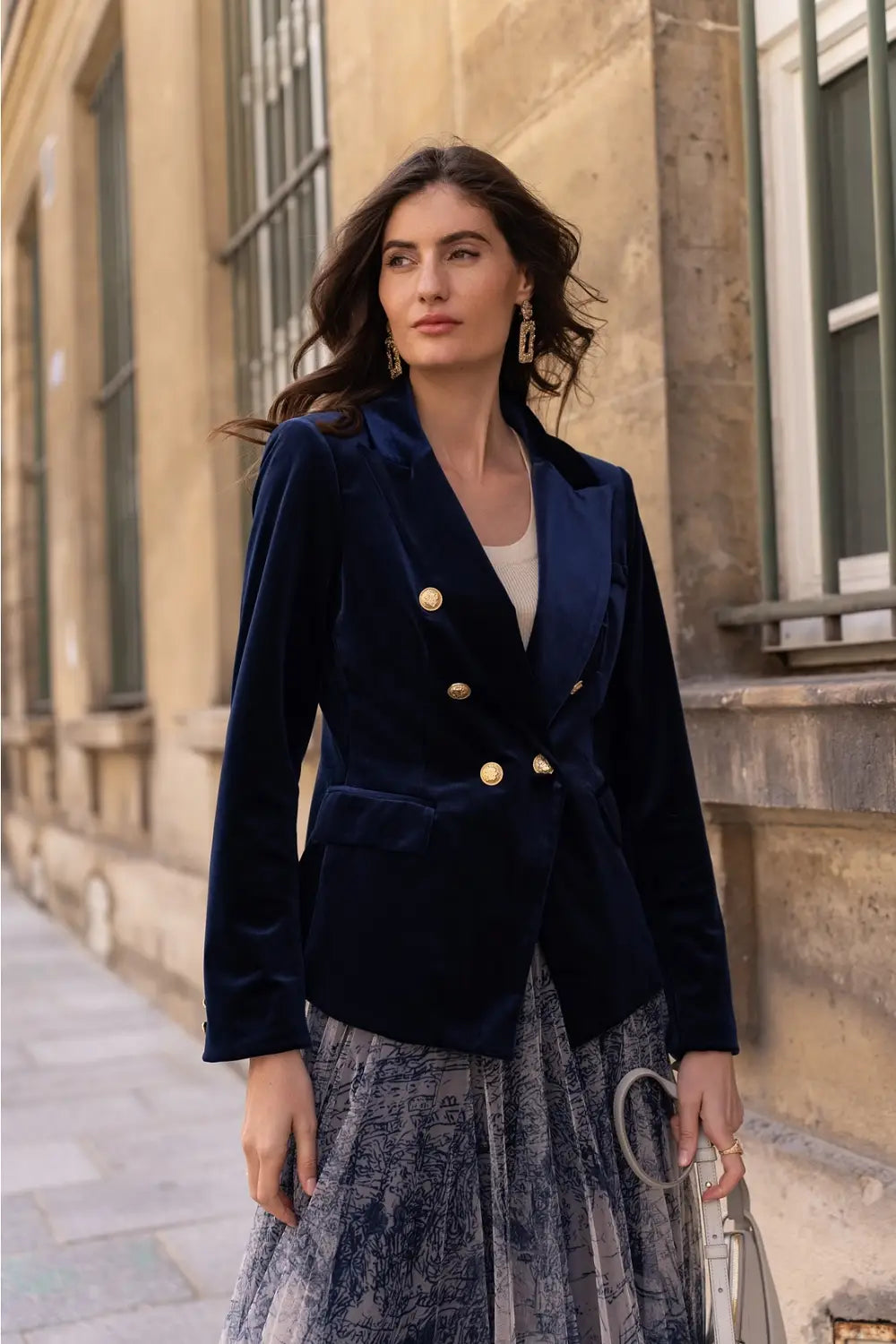 VELVET DOUBLE BREASTED BLAZER NAVY