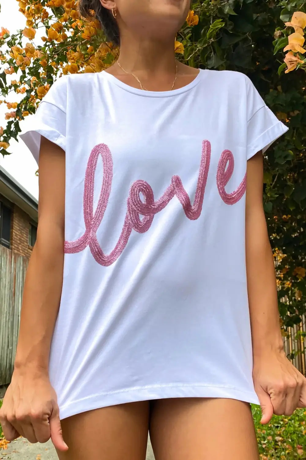 LOVE TEE WHITE & PINK SEQUINS