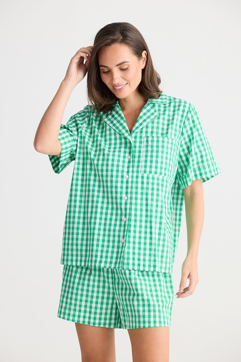 IN BED PYJAMA SET GREEN GINGHAM