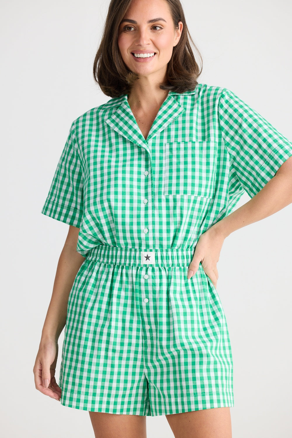 IN BED PYJAMA SET GREEN GINGHAM