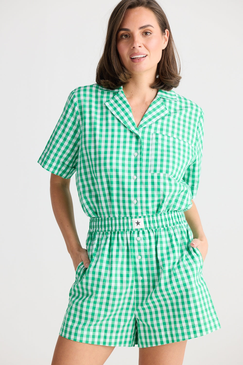 IN BED PYJAMA SET GREEN GINGHAM