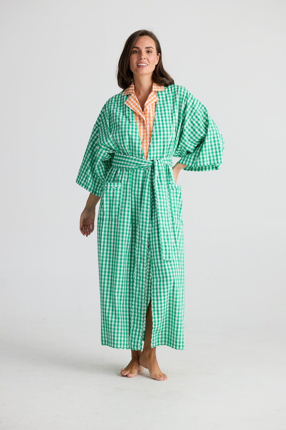 IN BED ROBE GREEN GINGHAM