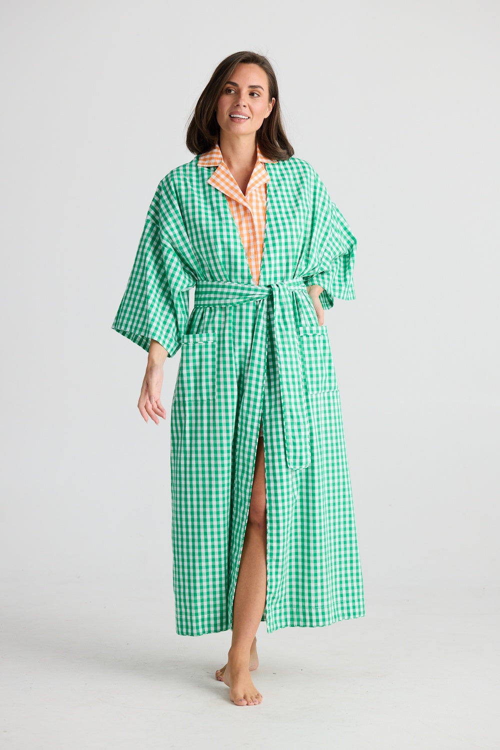 IN BED ROBE GREEN GINGHAM