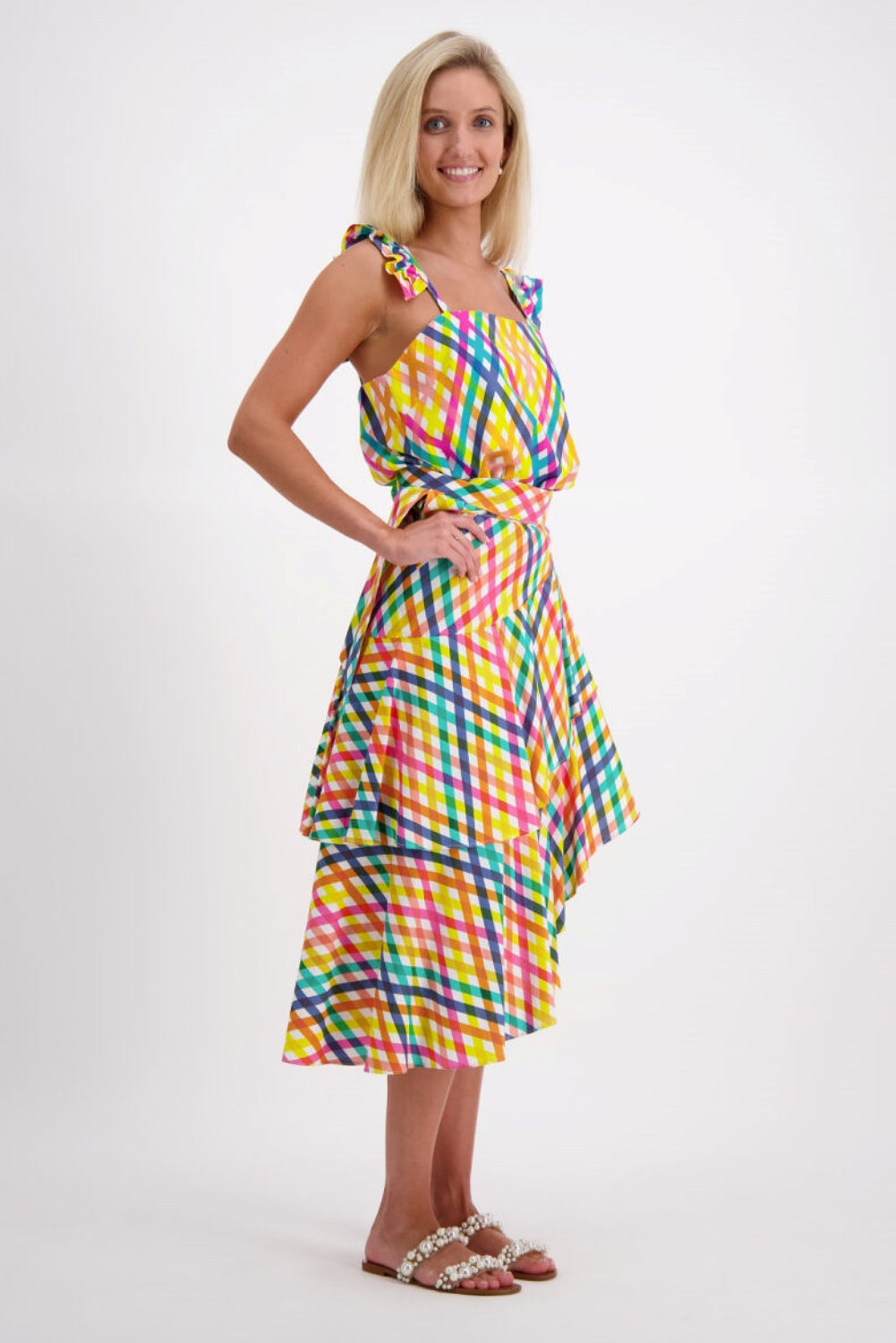 FRANCESCA RUFFLE WRAP SKIRT RAINBOW CHECK