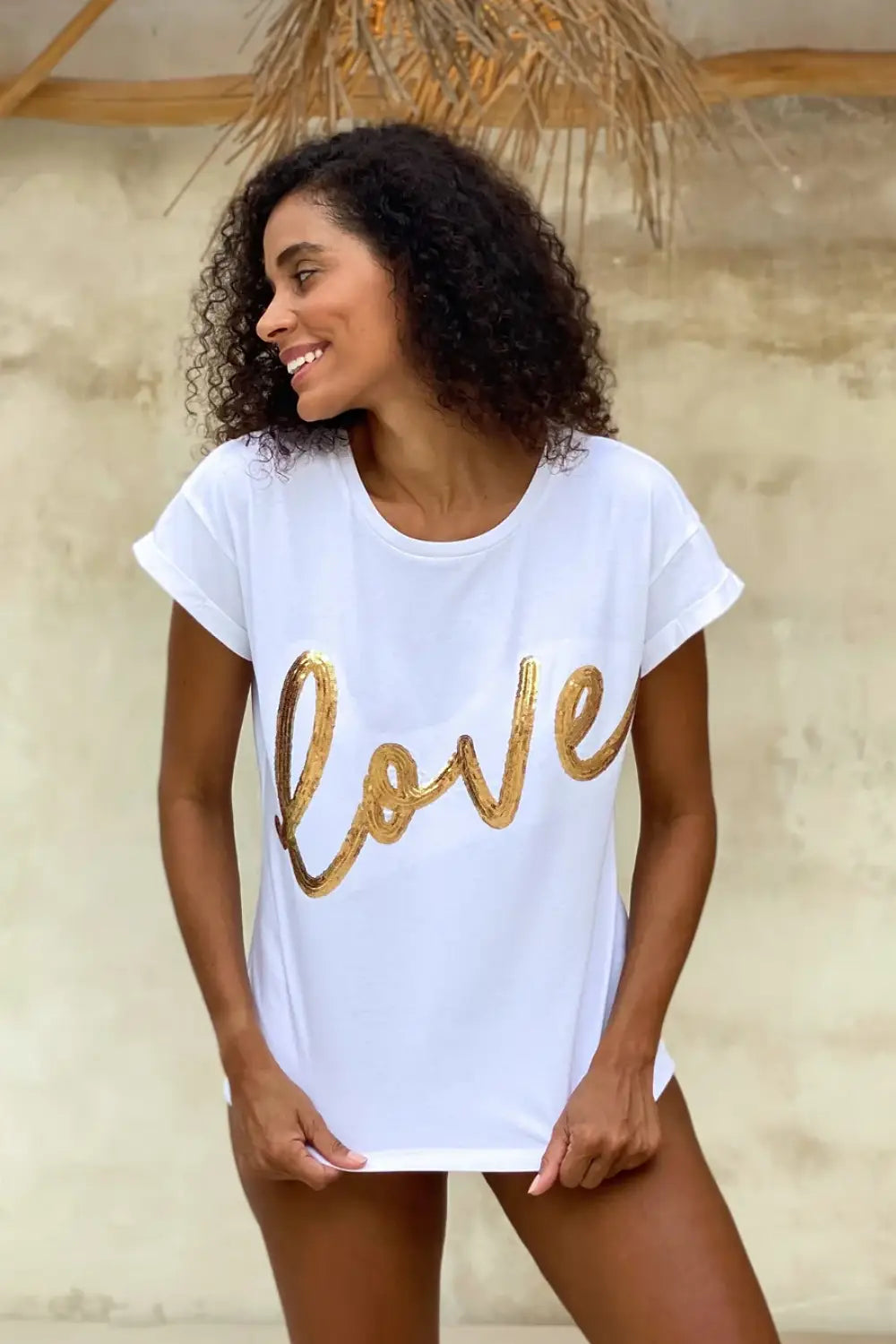 LOVE TEE WHITE & GOLD SEQUINS