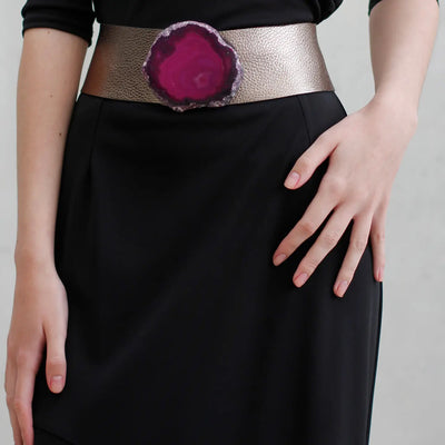 WIDE LEATHER BELT GUNMETAL & PINK AGATE