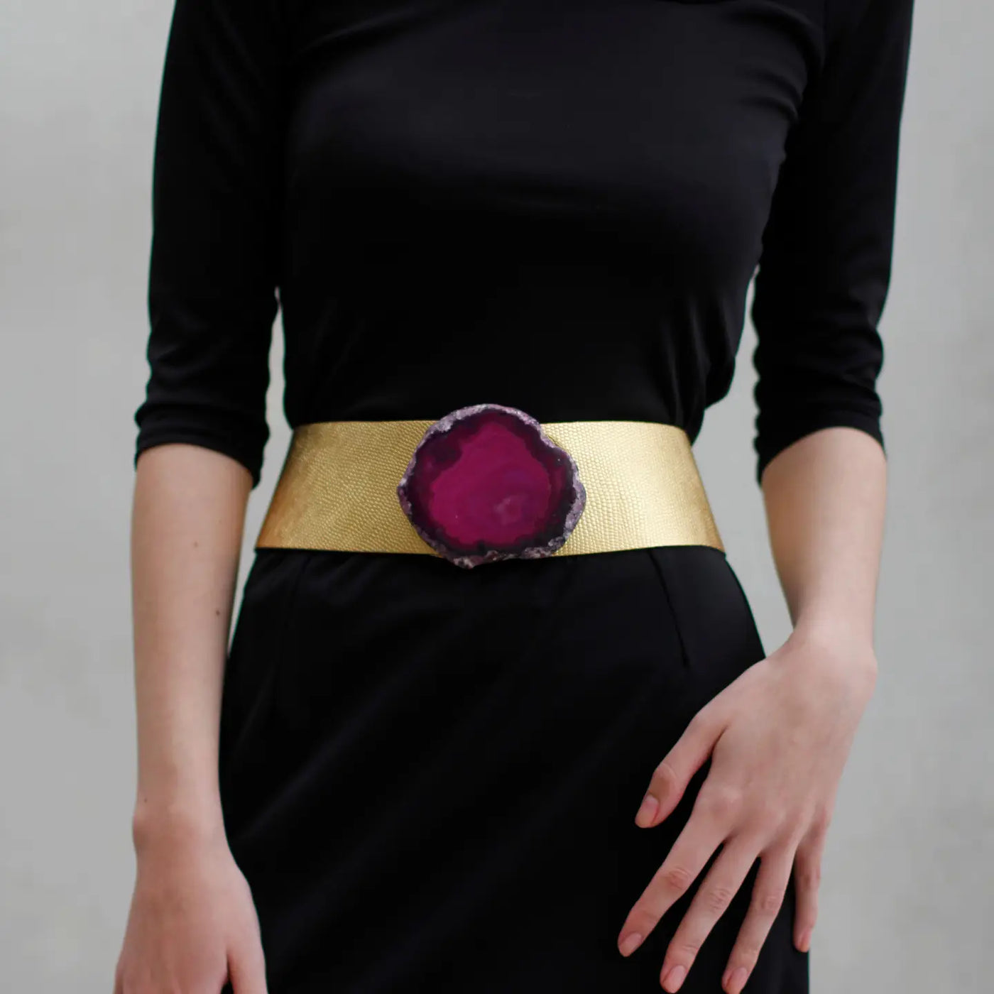 WIDE LEATHER BELT GOLD & PINK AGATE